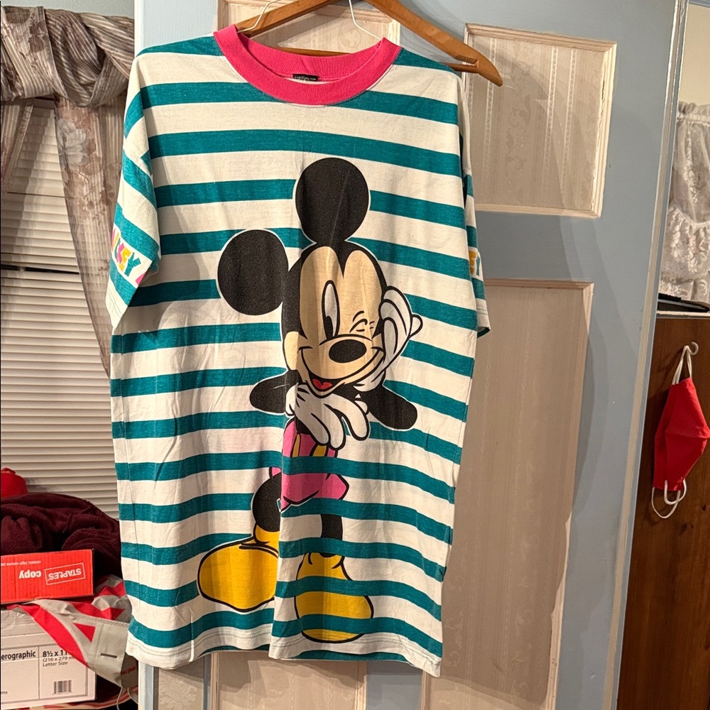 Disney Mickey Mouse Striped Teal and White Tee